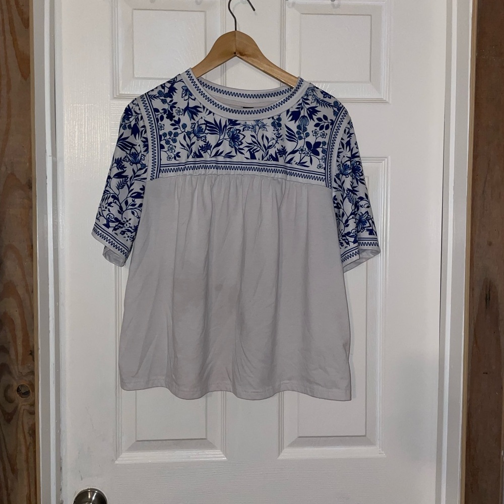 SHEIN White Top with Blue Floral Embroidery